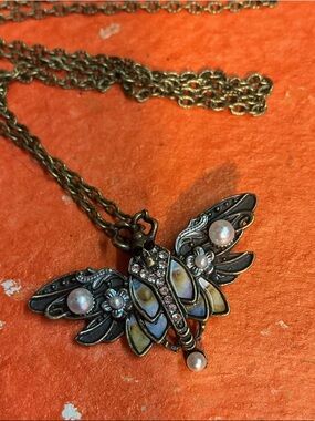 Delicate Bronze-Tone skull/moth/Pendant Necklace with Pearlescent Accents